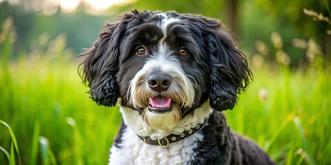 Fototapeta premium Portuguese Water Dog mix black white black white dog breed companion