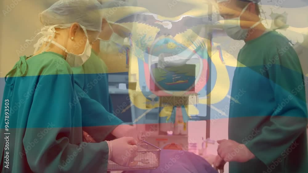 Canvas Prints Animation of flag of ecuador over caucasian surgeons during surgery