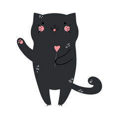Hand drawn cat holding heart shaped lollipop. Vector illustration