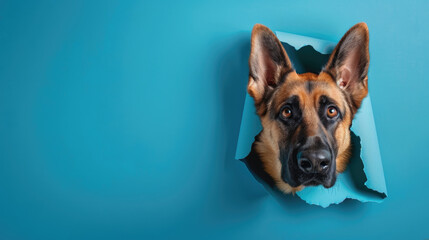 cute german shepherd peeking through a hole in a blue paper wall