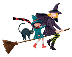 Flying witches png sticker, cat, Halloween illustration, transparent background