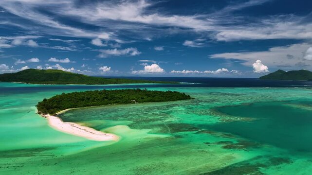 Aerial view of a beautiful tropical island with turquoise water and pristine beach, Shefa Province, Vanuatu.