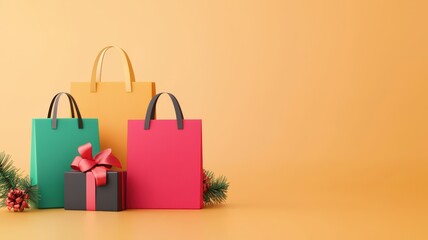 Colorful gift bags and a present on a warm background, perfect for festive occasions and holiday shopping.