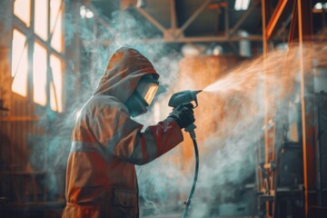 Fototapeta premium Factory worker applying paint with spray gun industrial manufacturing process