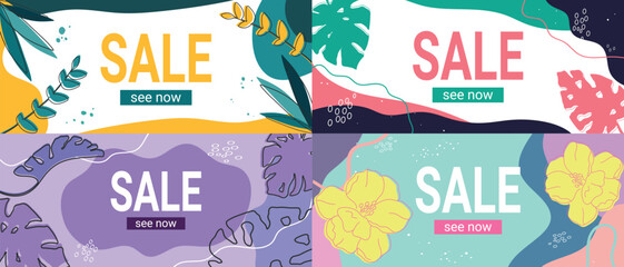 Sale banners set. Bright Sale templates with abstract shapes and leaves. Sale and discounts concept. Vector illustration.