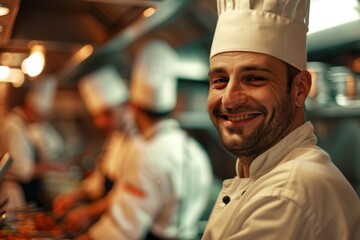 Obraz premium Portrait of a smiling American chef in commercial kitchen