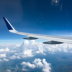 Obraz premium Wing of modern aircraft flying in cloudy blue sky during trip