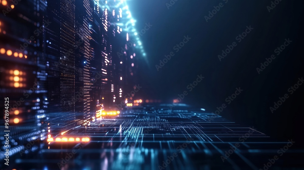 Poster High-resolution 3D render of a futuristic digital background featuring glowing lights and circuit board elements on a dark blue backdrop, representing cutting-edge AI technology and abstract data scie