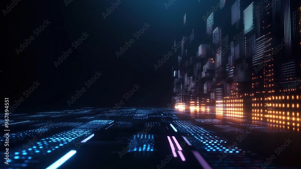 Poster High-resolution 3D render of a futuristic digital background featuring glowing lights and circuit board elements on a dark blue backdrop, representing cutting-edge AI technology and abstract data scie