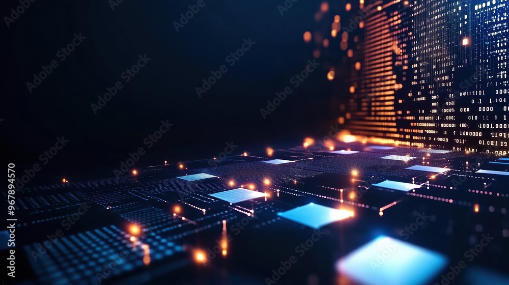Fototapete High-resolution 3D render of a futuristic digital background featuring glowing lights and circuit board elements on a dark blue backdrop, representing cutting-edge AI technology and abstract data scie