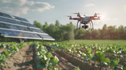Solar Powered Drone Flying Over Agricultural Field Monitoring Crops Clean Energy Concept