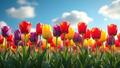 collage of colorful red, yellow and purple tulips against blue sky and clouds, panoramic shot