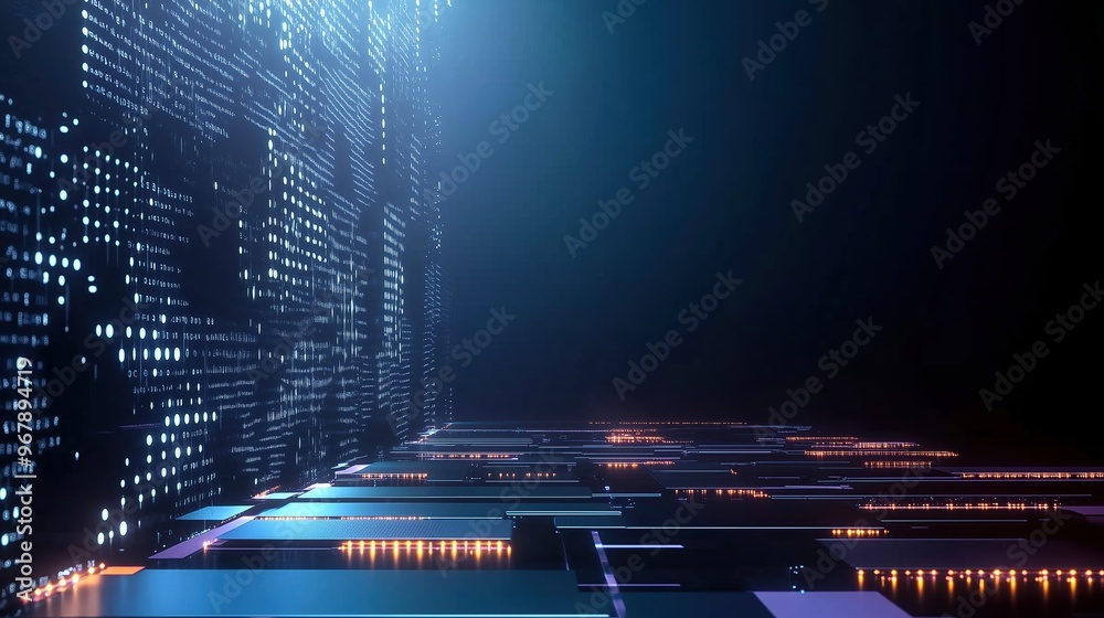 Aufkleber High-resolution 3D render of a futuristic digital background featuring glowing lights and circuit board elements on a dark blue backdrop, representing cutting-edge AI technology and abstract data scie
