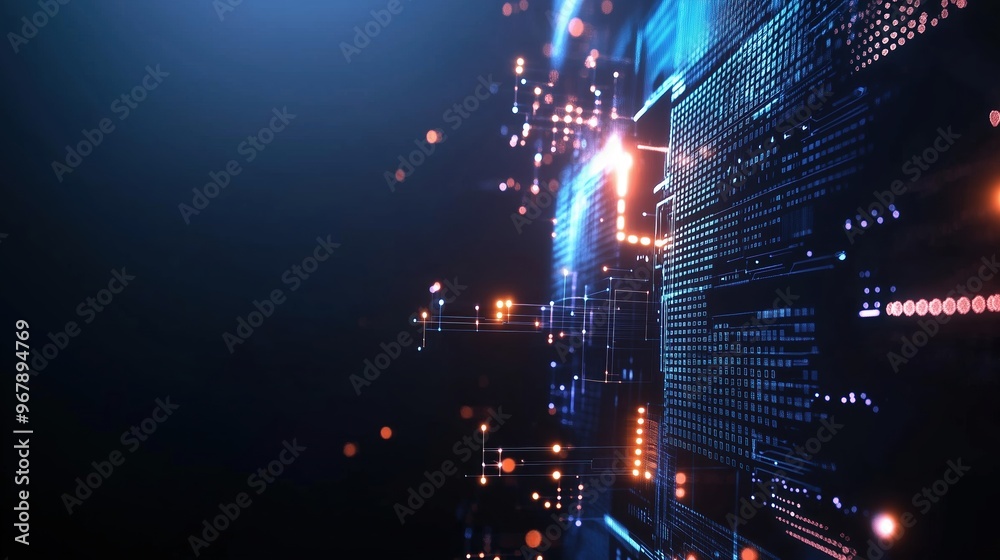 Poster High-resolution 3D render of a futuristic digital background featuring glowing lights and circuit board elements on a dark blue backdrop, representing cutting-edge AI technology and abstract data scie