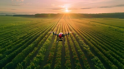 Solar Powered Drone Monitoring Crops in Agricultural Field Renewable Energy Concept