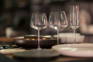 Close up on modern luxury glassware, background is blurred and depth of field is shallow.