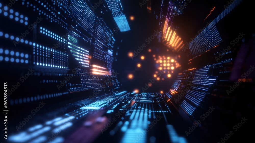 Poster High-resolution 3D render of a futuristic digital background featuring glowing lights and circuit board elements on a dark blue backdrop, representing cutting-edge AI technology and abstract data scie