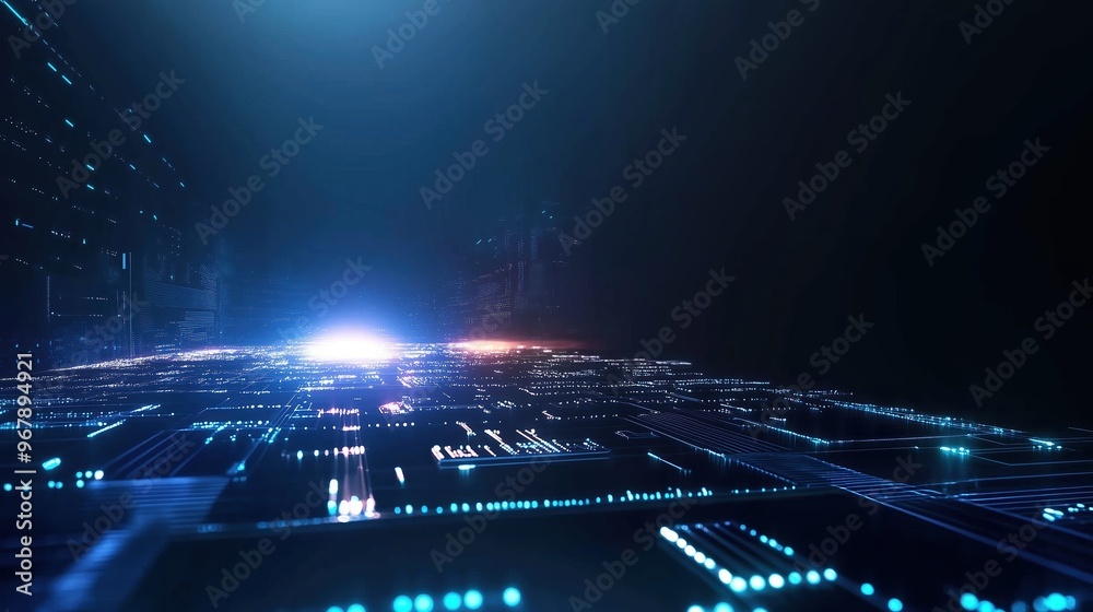 Poster High-resolution 3D render of a futuristic digital background featuring glowing lights and circuit board elements on a dark blue backdrop, representing cutting-edge AI technology and abstract data scie