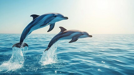 Fototapeta premium Couple dolphins jumping on the water with bright blue sky .generative ai