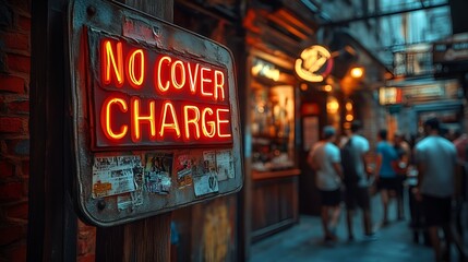 Sign that reads &ldquo;NO COVER CHARGE&rdquo; - bar - pub - free entry - entrance - band - concert - college town 