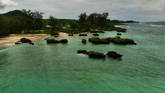 Aerial view of tropical island with palm trees and coral reef, Shefa Province, Vanuatu.
