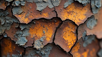 Close-up of weathered, cracked paint revealing textures and colors of rust.