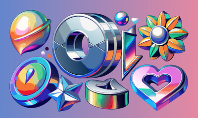 Download Chrome Set Metal Element. Heart, Star And Flower Holographic Shape Svg File For Design.