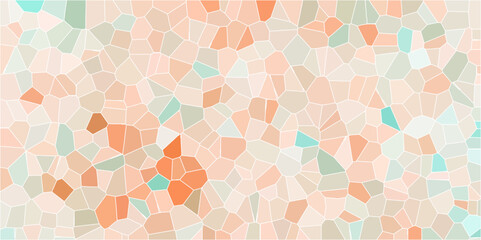 Abstract mosaic made of broken crockery and tableware background. Mosaic pattern with an orange , aqua and beige color palette light elegant marble ceramic pieces wall background 