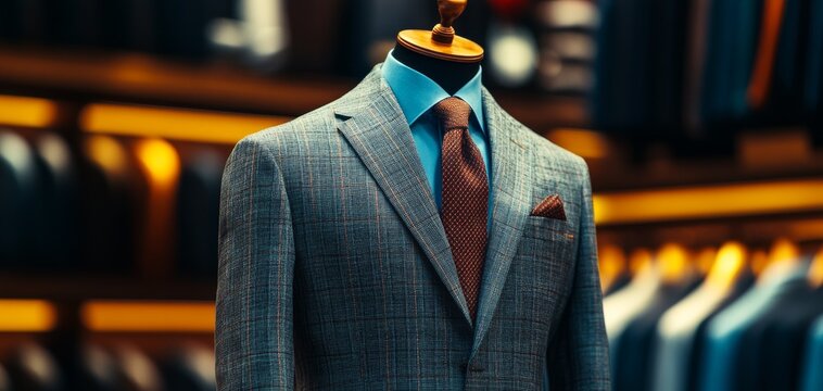 Elegant grey plaid suit on a mannequin in a luxurious tailor shop, surrounded by premium clothing and accessories. Discover personalized elegance with bespoke menswear from boutique tailor
