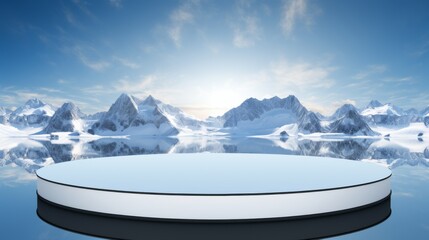 A vast circular platform by tranquil waters surrounded by majestic snow-capped mountains at dawn