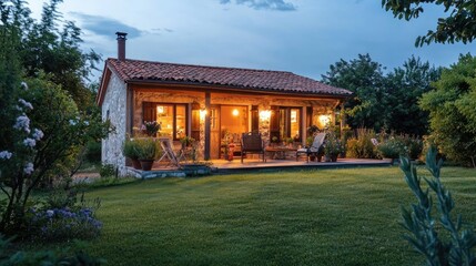 Obraz premium A charming countryside vacation home with a rustic design, warm lighting, and a large garden, perfect for enjoying peaceful, warm evenings in nature.