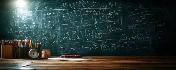 blackboard background and formulas written by white chalk , an image with a blackboard background and mathematical equations written on it , a realistic texture and color resembling classroom