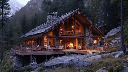 Fototapeta premium A cozy mountain cabin with a wraparound porch, wooden interiors, and a roaring fireplace, offering a warm retreat in the heart of nature.