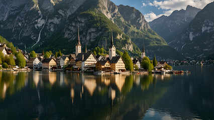 Fototapeta premium Panoramic View of Scenic Hallstatt Town and Hallstattersee, Austria