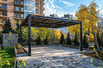 Fototapeta premium Solar panel pergola in urban setting