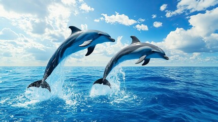 Fototapeta premium Couple dolphins jumping on the water with bright blue sky .generative ai