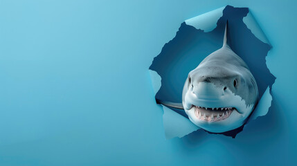cute mako shark peeking through a hole in a blue paper wall