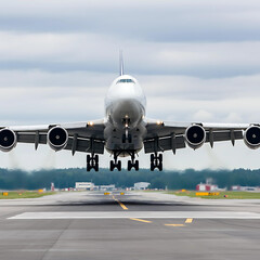 Fototapeta premium Airplane taking off from the airport, front view.