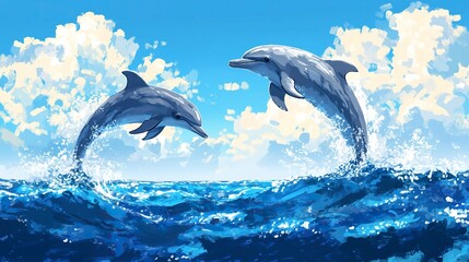 Fototapeta premium Couple dolphins jumping on the water with bright blue sky .generative ai