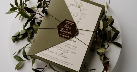 Elegant green wedding invitation with botanical decorations and a personalized gold envelope seal, beautifully arranged with greenery on a white surface. Elegant Wedding Invitation