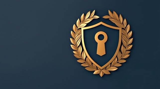 A golden shield with a keyhole, surrounded by laurel leaves on a dark background, symbolizing security and protection.