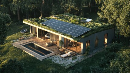 Obraz premium A medium-sized, eco-friendly house with solar panels on the roof, sustainable materials, and a green living roof, highlighting an environmentally conscious home concept.