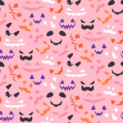 Cute halloween pattern with spooky faces. Vector seamless background for Halloween decoration, wrapping paper, notebook, wallpaper
