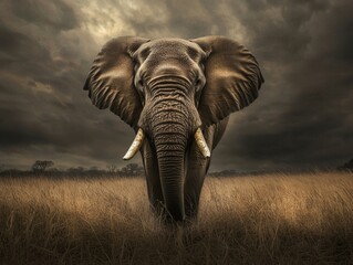 Naklejka premium Majestic elephant emerges from golden grass under a dramatic stormy sky at dusk