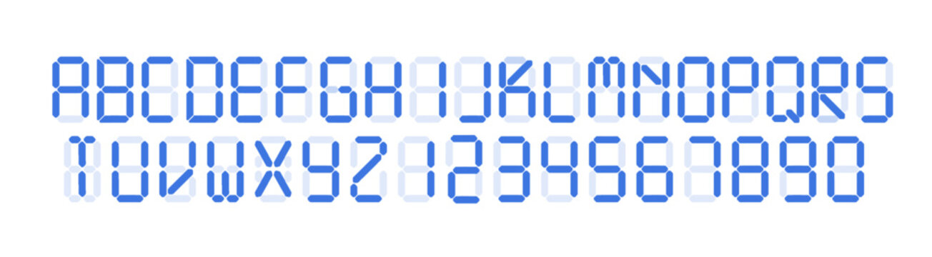 Digital font template. Alarm clock letters and numbers. Calculator digital text for a digital watch and other electronic devices.