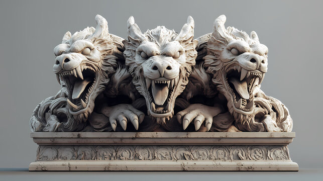 A 3d animated cartoon render of a cerberus stone statue with three heads. Cerberus. Illustration