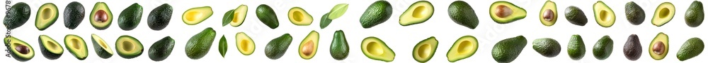 Poster set of avocados on a transparent background, including halves and slices.