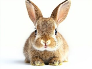 A fluffy young rabbit with soft fur and bright eyes resting calmly in a light-filled space