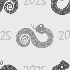 Seamless vector pattern with snakes in the form of 8 or infinity, the animal symbol of 2025. Simple doodle style. Grid