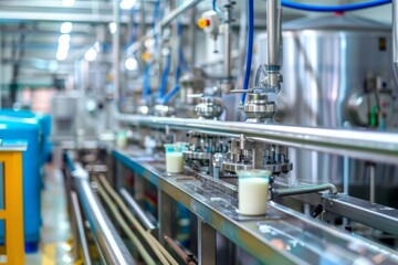 Fototapeta premium Equipment dairy plant milk factory industry stainless steel storage and processing tanks